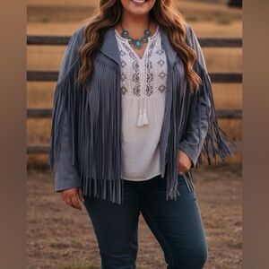 Savanna Jane Blue Fringe Soft Faux Suede Boho Chic Western Jacket Size 1X NWT
